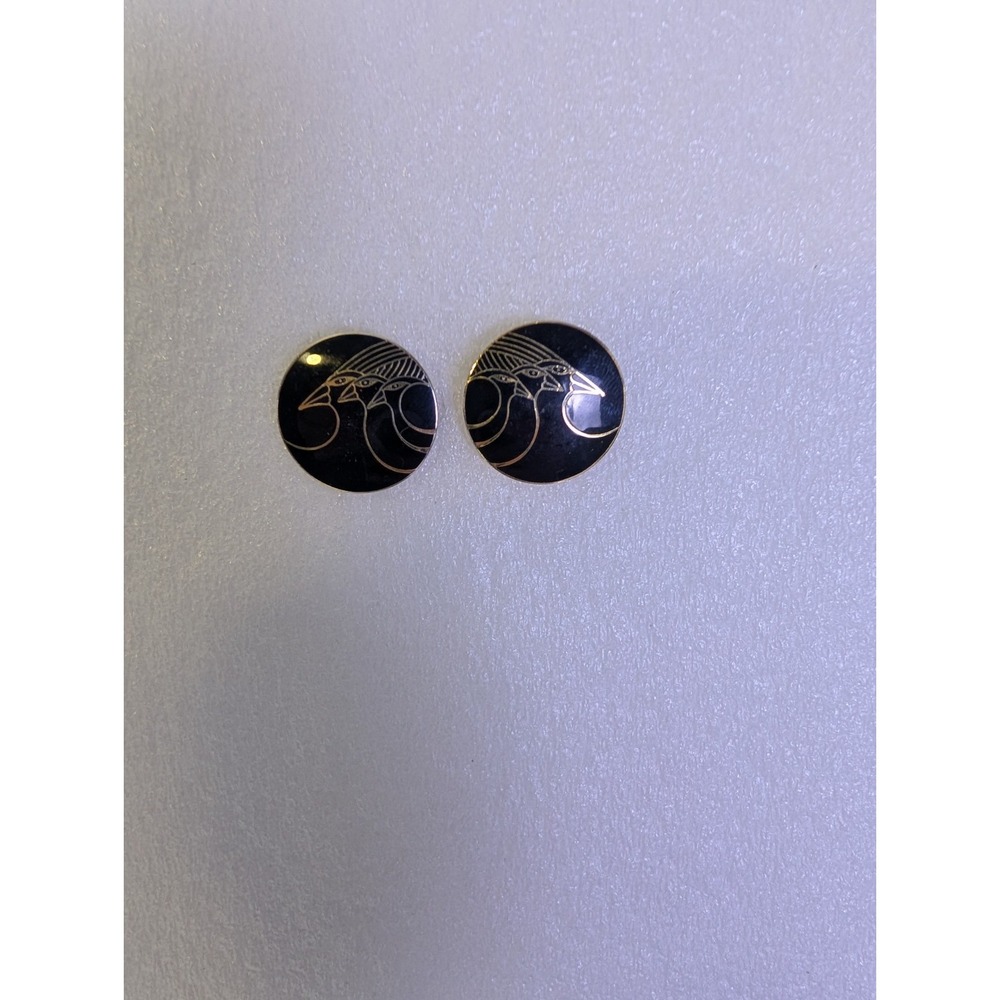 Vintage Laurel Burch Celestial Birds' Black Round Cloisonne Enamel Stud Earrings